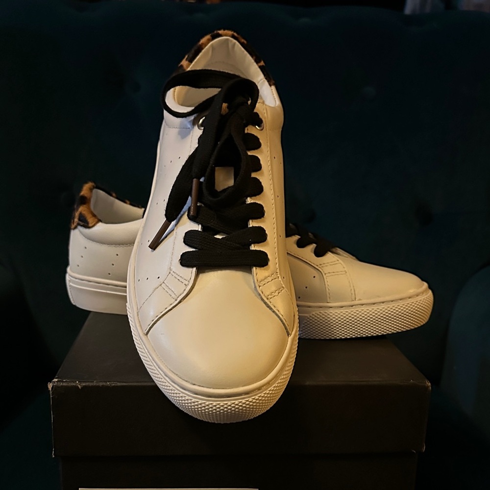 NIB J. Crew White Sneakers with Leopard Print Tabs and Black Laces